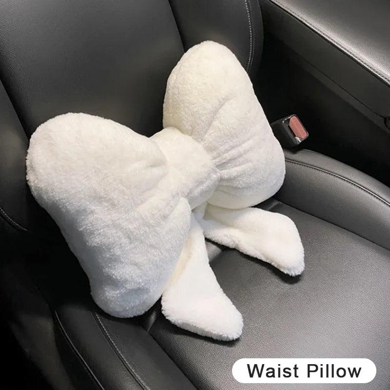 Plush Bowknot Car Headrest Pillow - Neck Support Cushion Auto Seat