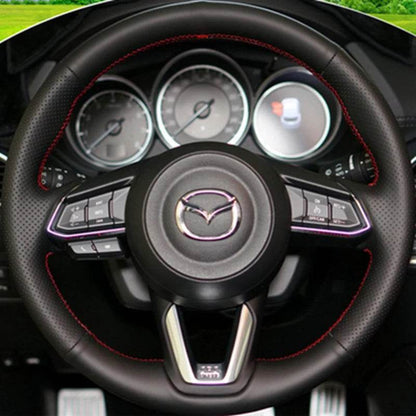 DIY Black Microfiber Leather Steering Wheel Cover for Mazda 3/6 Axela, Atenza, CX-3, CX-5, CX-9 (2017–2018) - Black Thread