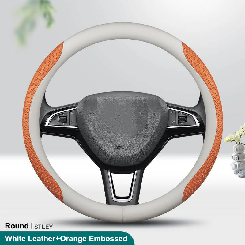 PU Leather Universal Steering Wheel Cover - Round Shape / Orange Embossed