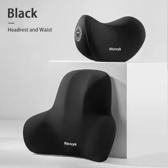 AutoComfort Memory Foam Headrest Lumbar Support Set Car Seat Cushion - 1 set black