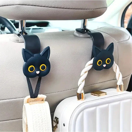 Universal 2pcs 3D Cat Car Seat Headrest Hooks - Vehicle Storage - Black 2pcs