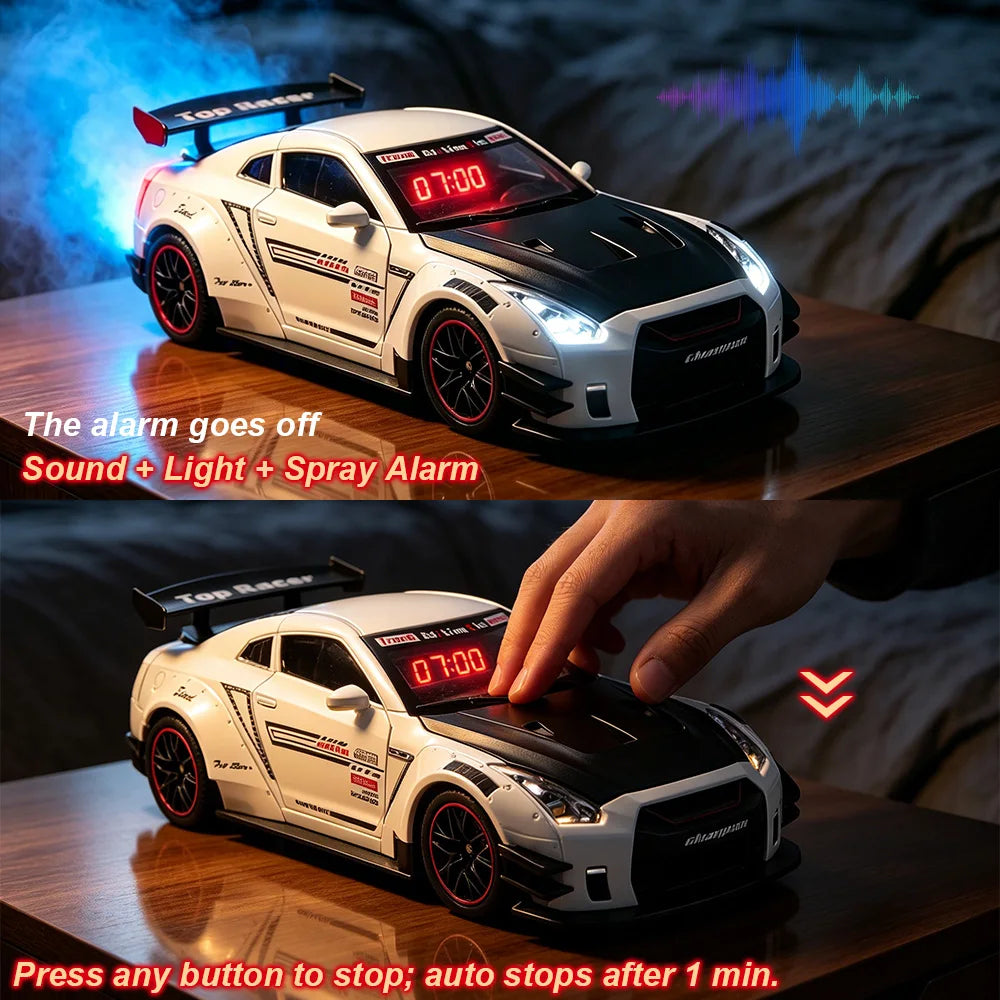 GTR Sports Car Alarm Clock with Engine Sound & Mist Sprayer Desktop Decor