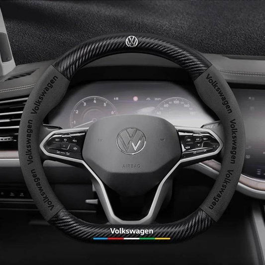 Volkswagen Logo Leather Steering Wheel Cover for – Fits Golf 7, Polo, Passat B8, Tiguan, Jetta & More - O-Blue