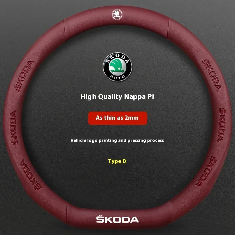 Skoda Kodiaq Octavia Superb Carbon Fiber Steering Wheel Cover - D Leather Red