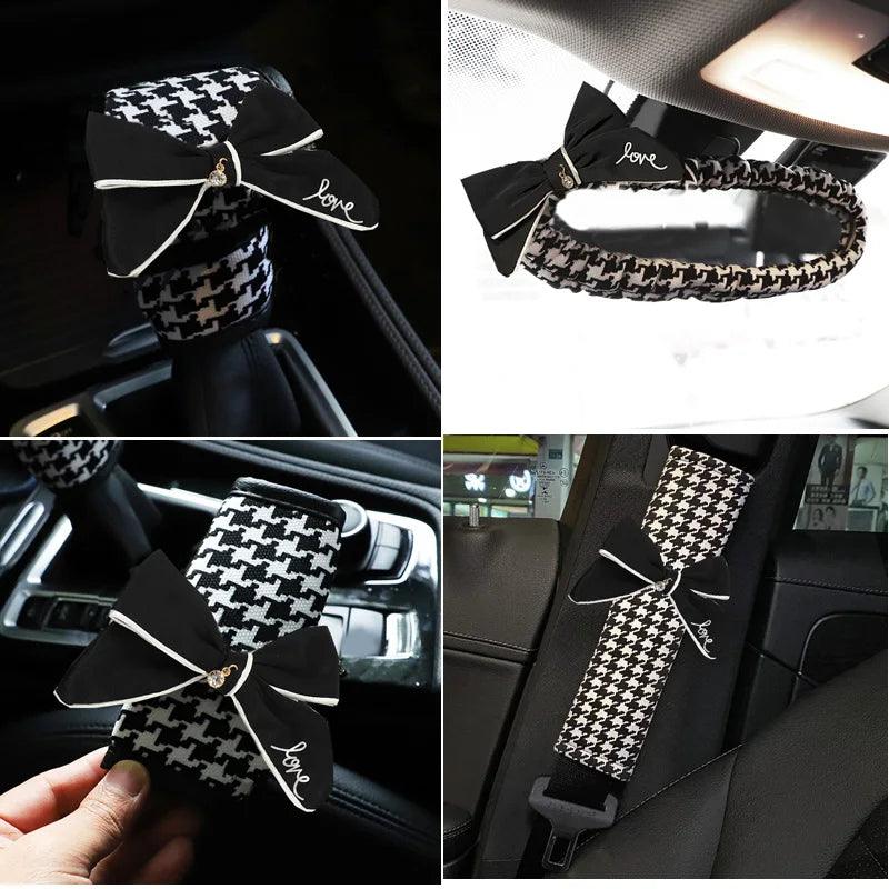 Classic Plaid Bowknot Car Gear Shifter Handbrake Seat Belt Cover Set