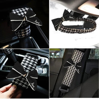 Classic Plaid Bowknot Car Gear Shifter Handbrake Seat Belt Cover Set