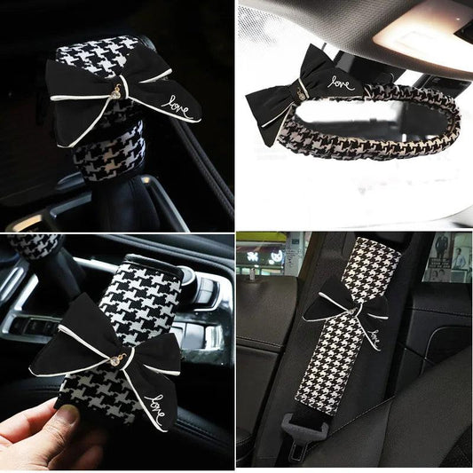 Classic Plaid Bowknot Car Gear Shifter Handbrake Seat Belt Cover Set