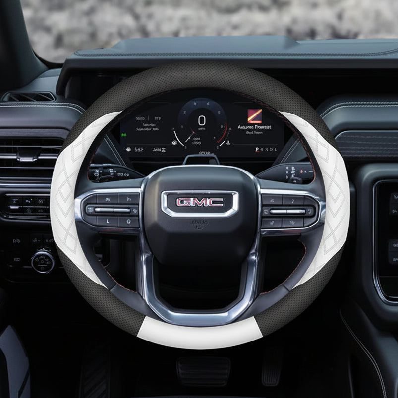 GMC Leather Steering Wheel Cover - Round Shape / White