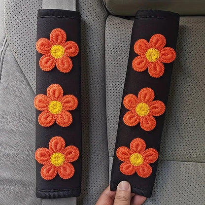 Ice Silk Pink Flower Seat Belt Shoulder Pads - 2pcs Car Safety Set