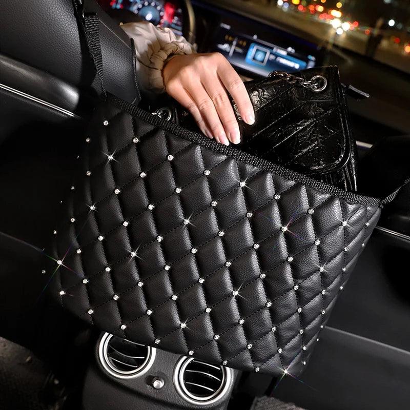 Rhinestone Diamond Leather Car Seat Back Storage Bag Crown Bling