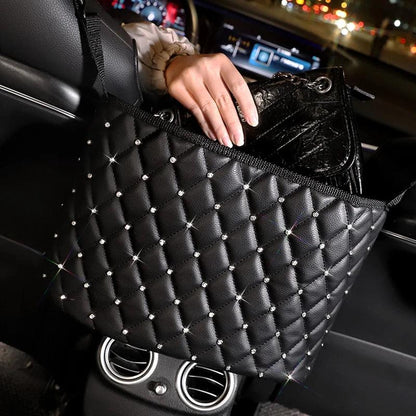 Rhinestone Diamond Leather Car Seat Back Storage Bag Crown Bling