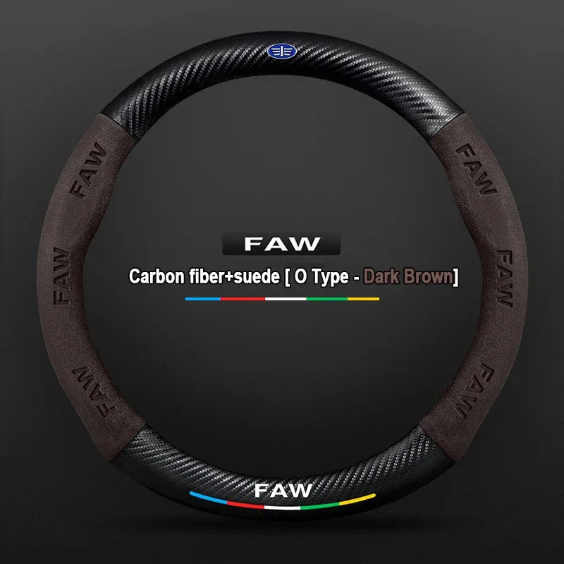 FAW Besturn Carbon Fiber Suede Steering Wheel Cover - O Brown-Carbon+Suede