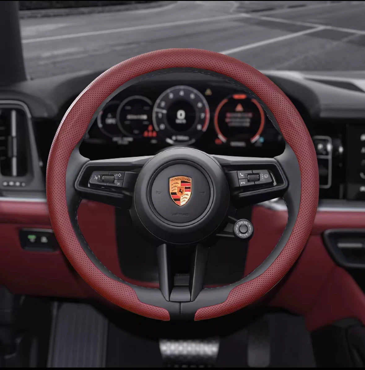 Porsche Nappa Leather Steering Wheel Cover - Round Shape / Wine Red