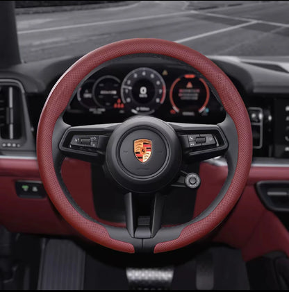 Porsche Nappa Leather Steering Wheel Cover - Round Shape / Wine Red