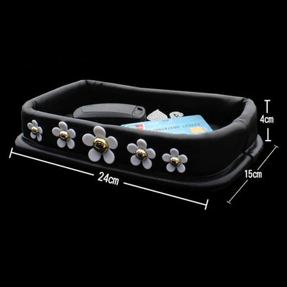 Camellia Rhinestone PU Leather Car Phone Storage Box Dashboard Organizer