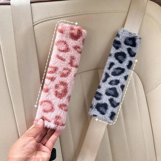 2pcs Leopard Print Plush Seat Belt Shoulder Pads Car Safety