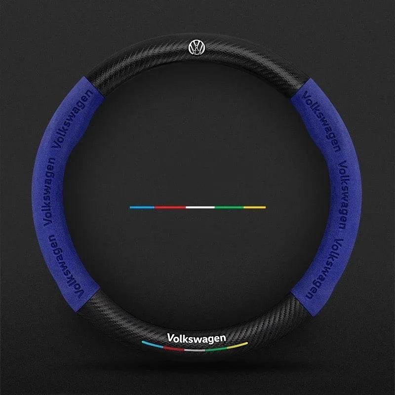 Volkswagen Logo Leather Steering Wheel Cover for – Fits Golf 7, Polo, Passat B8, Tiguan, Jetta & More - O-Blue