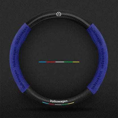Volkswagen Logo Leather Steering Wheel Cover for – Fits Golf 7, Polo, Passat B8, Tiguan, Jetta & More - O-Blue