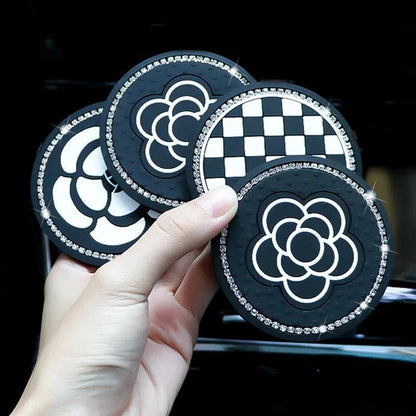 Diamond Camellia Car Cup Holder Mat Non-Slip Interior Pad Women