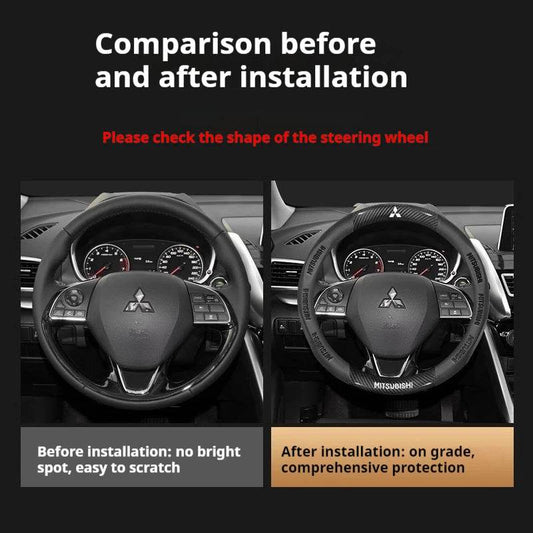 Mitsubishi Carbon Fiber Leather Steering Wheel Cover for Outlander, Pajero, ASX, Colt, Lancer EX, Evolution, L200, Triton, RALLIART - 