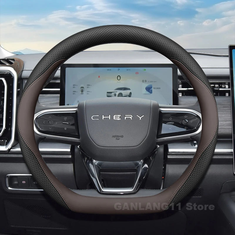 Chery Jaecoo Leather Steering Wheel Cover - Round Shape / Black & Brown
