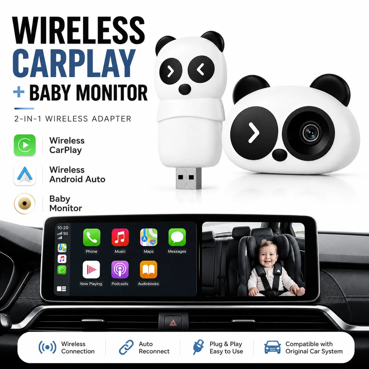 1080P Wireless CarPlay Baby Car Camera Monitor with Split-Screen Display