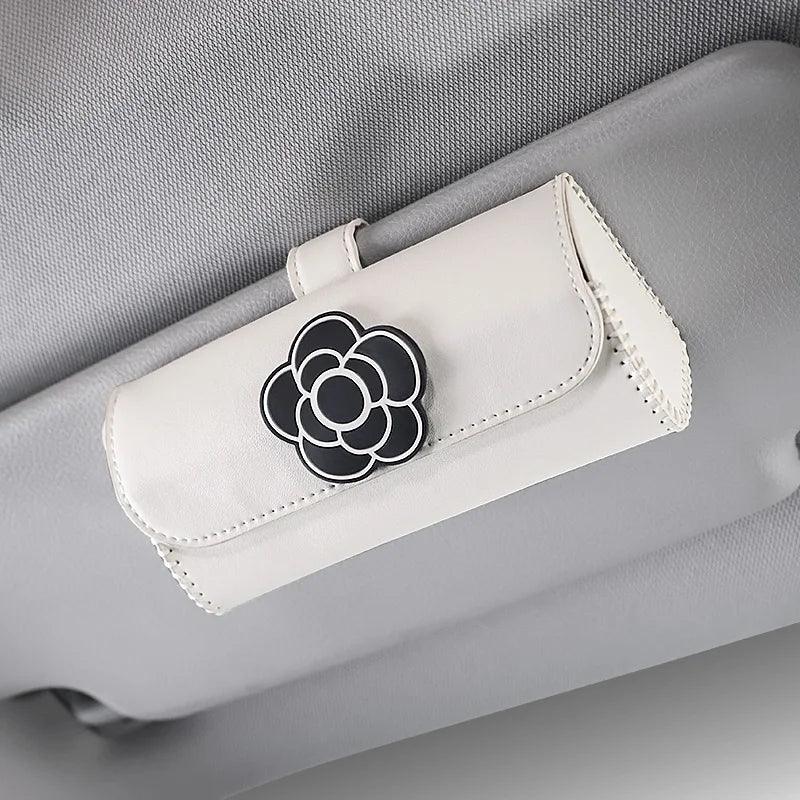 Camellia Leather Car Sunglasses Holder Universal Visor Storage Case