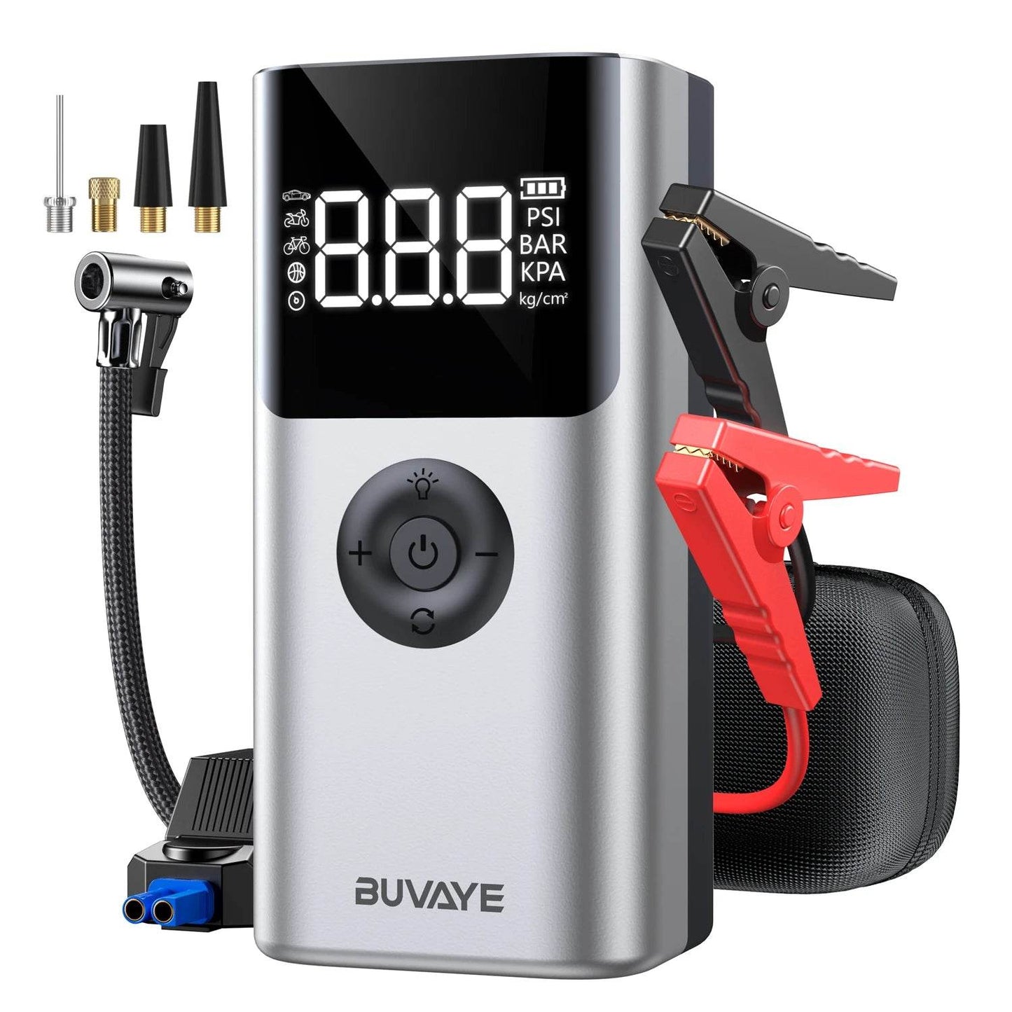 BUVAYE 2500A Portable Car Jump Starter 4-in-1 – 12V Battery Booster with 150PSI Air Pump for Gasoline & Diesel Engines - black