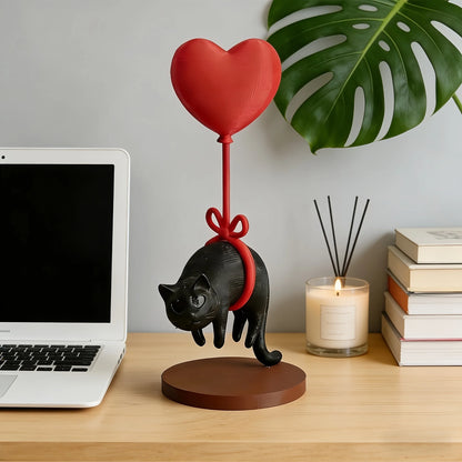 Floating Cat Statue With Heart Balloon Desk Ornament Gift
