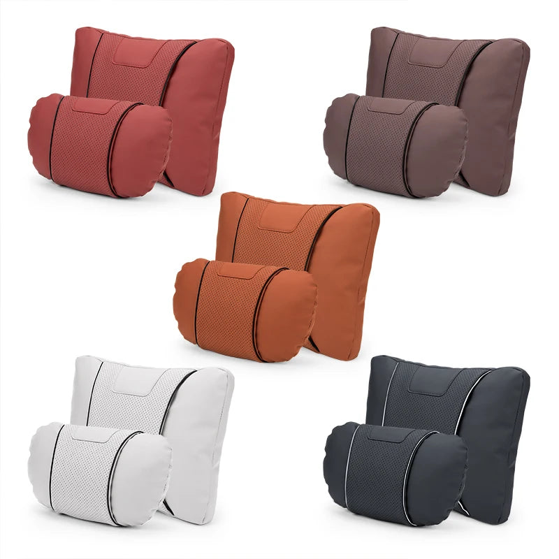 Custom Logo Leather Car Seat Neck Pillow & Lumbar Support Cushion