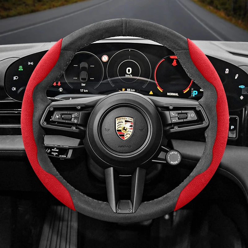Porsche Suede Snap-On Steering Wheel Cover - Round Shape / 2-Piece Set / Red
