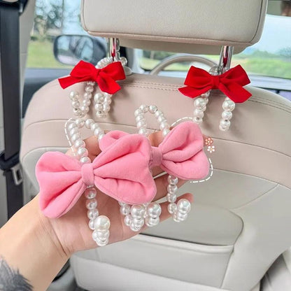 2PCS White Pearl Bow Car Headrest Hooks
