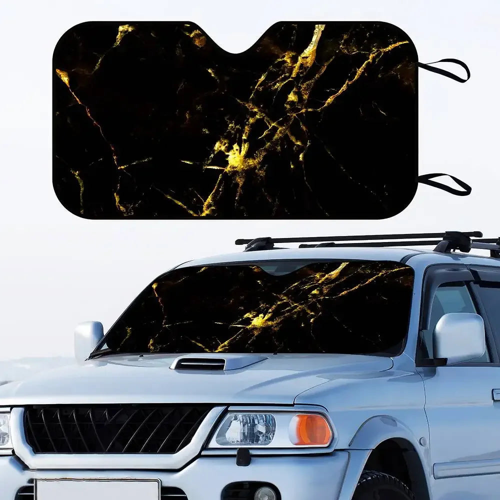 Universal Marble Black Gold Windshield Sunshade - Foldable UV Car - A