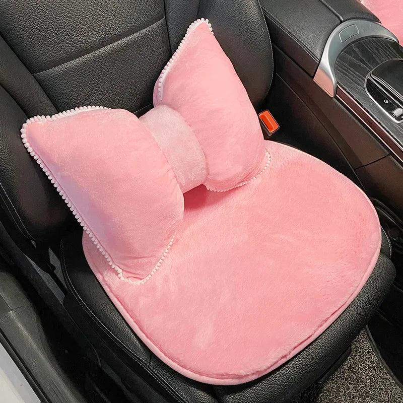 Pink Plush Bowknot Car Headrest Neck Pillow - Soft Cartoon Design