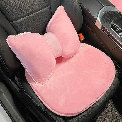 Pink Plush Bowknot Car Headrest Neck Pillow - Soft Cartoon Design