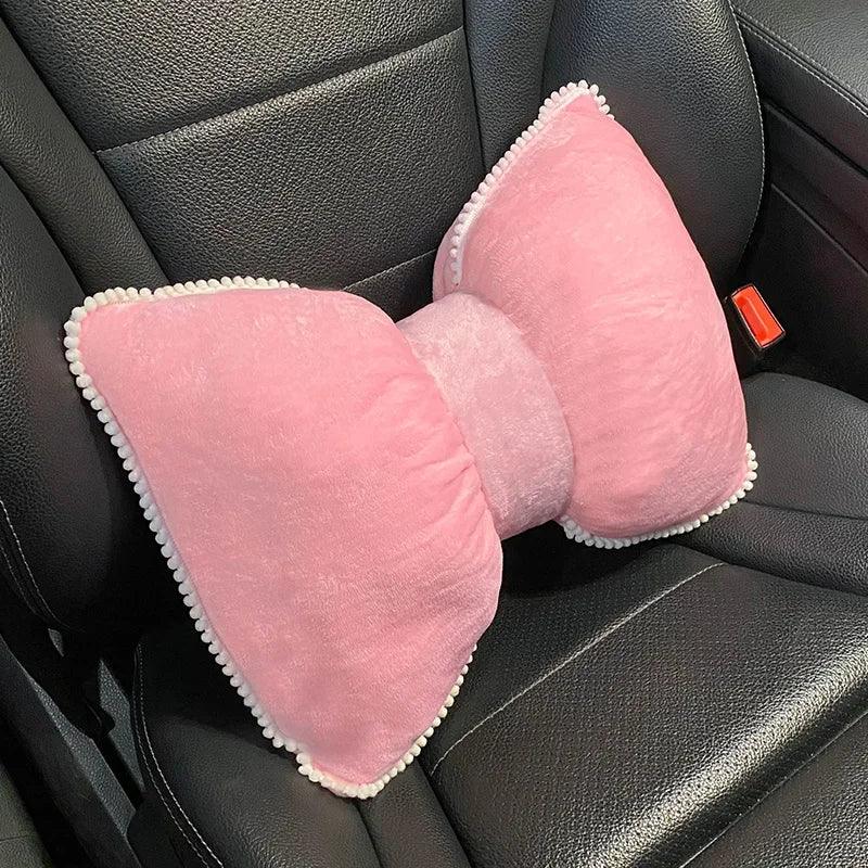 Pink Plush Bowknot Car Headrest Neck Pillow - Soft Cartoon Design