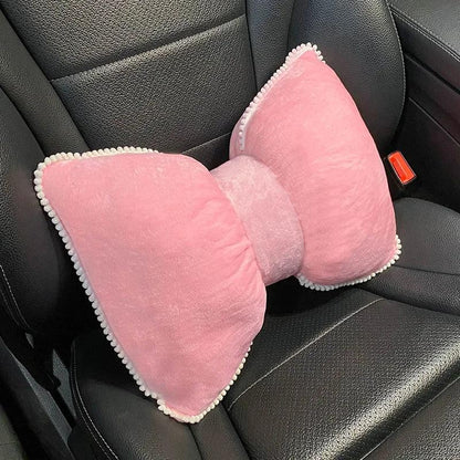 Pink Plush Bowknot Car Headrest Neck Pillow - Soft Cartoon Design