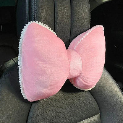Pink Plush Bowknot Car Headrest Neck Pillow - Soft Cartoon Design