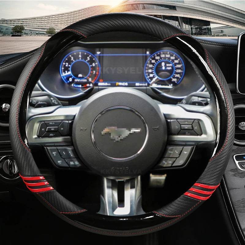 Ford Mustang Carbon Fiber Leather Steering Wheel Cover - RED
