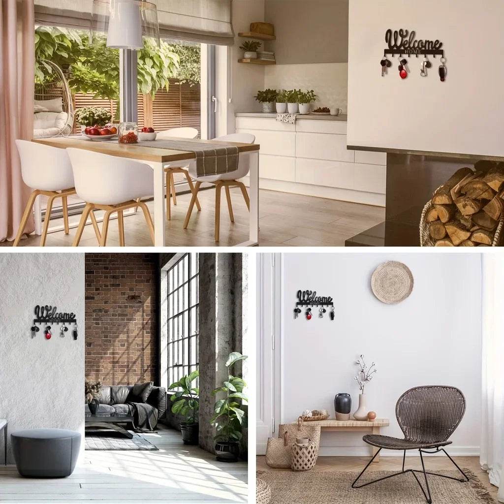 Black Metal Wall Key Holder – WELCOME Design with 8 Hooks - A