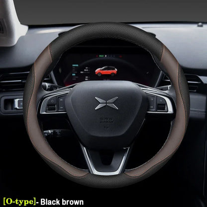 XPeng Ultra-Thin Leather Steering Wheel Cover - Round Shape / Black & Brown