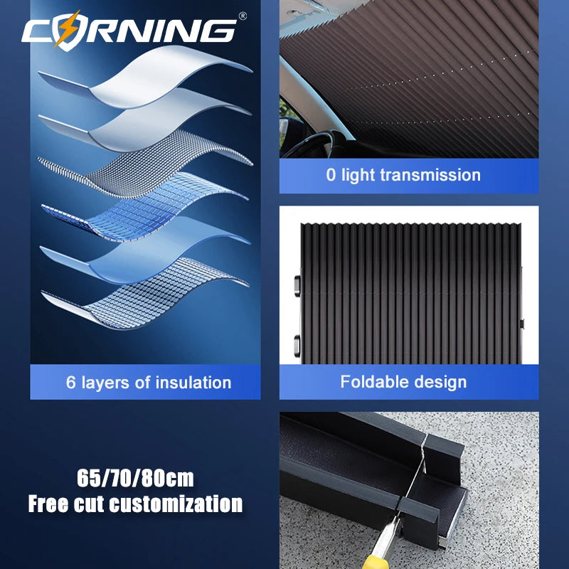 Retractable Car Windshield Sunshade with Suction Cups, Front & Rear UV Blocking Foldable Sun Shade