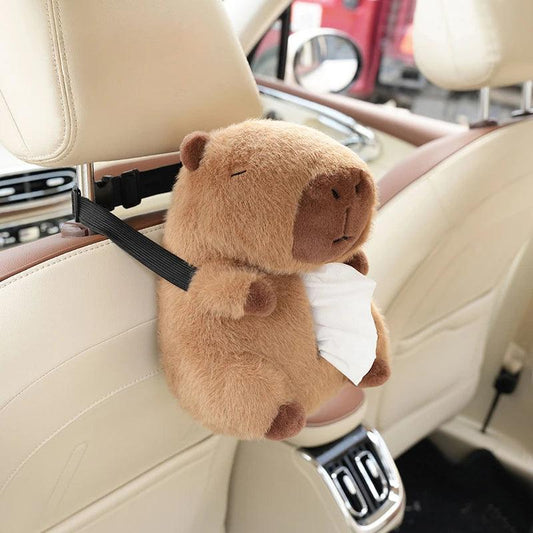 Capybara Plush Hanging Car Tissue Box Holder Backseat Organizer - brown