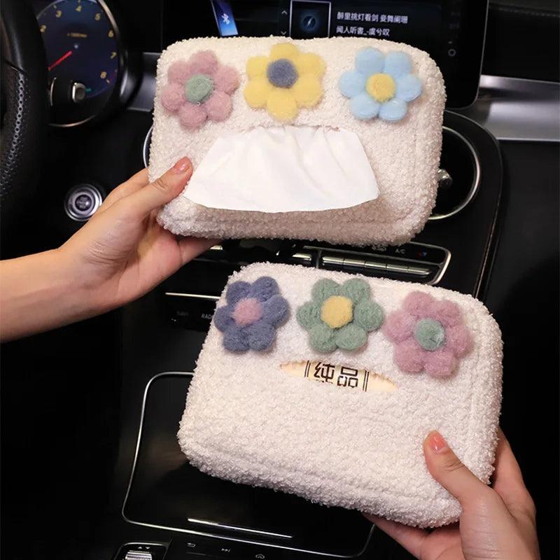 Cartoon Plush Flower Car Headrest Tissue Box Holder Visor Organizer