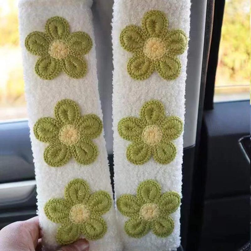 Plush Flower Seat Belt Shoulder Pads - 2pc Women's Car Interior