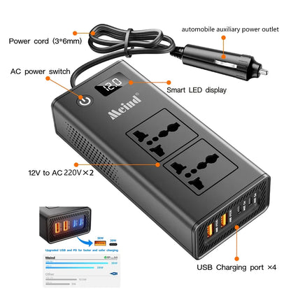200W Car Power Inverter 12V DC to 220V AC 2 Sockets 4 QC3.0 USB Ports - Universal-socket