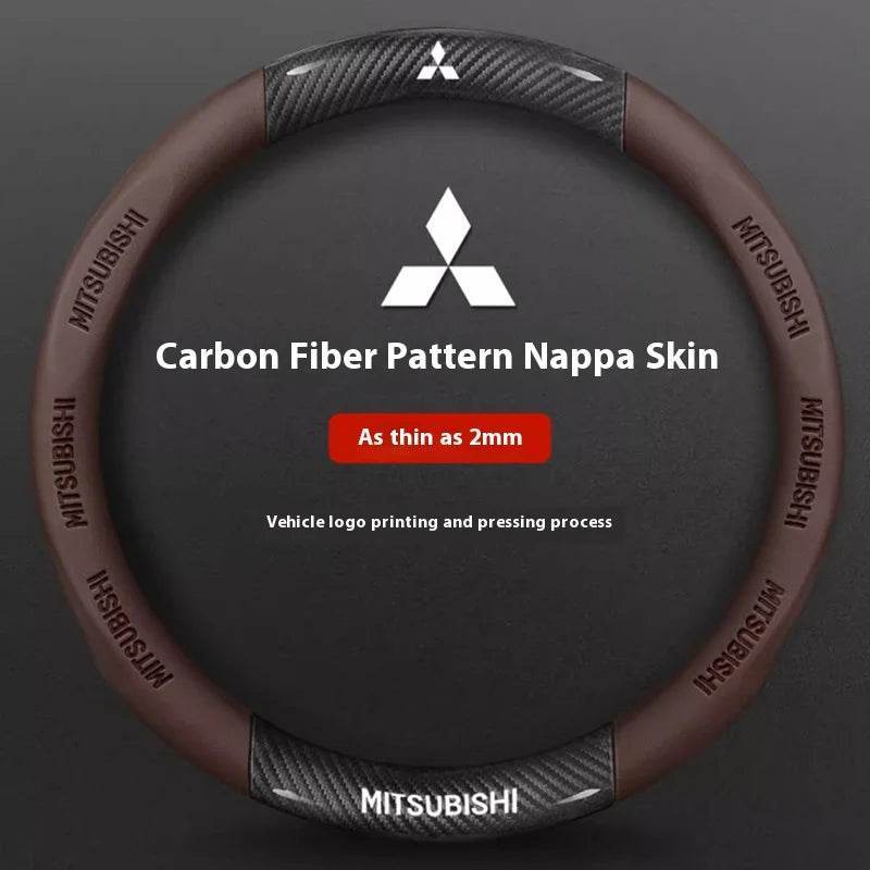 Mitsubishi Carbon Fiber Leather Steering Wheel Cover for Outlander, Pajero, ASX, Colt, Lancer EX, Evolution, L200, Triton, RALLIART - Black