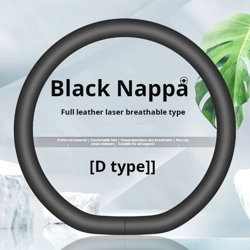 Nappa Leather Steering Wheel Cover | Ultra-Thin, Non-Slip, All-Season Fit - Round black
