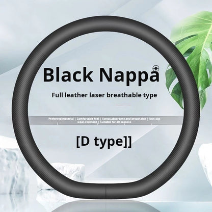 Nappa Leather Steering Wheel Cover | Ultra-Thin, Non-Slip, All-Season Fit - Round black