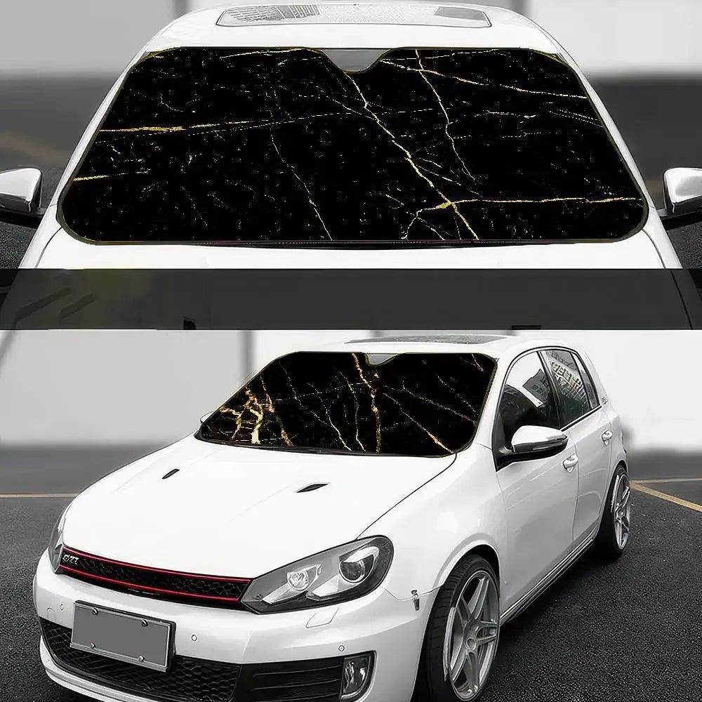 Universal Marble Black Gold Windshield Sunshade - Foldable UV Car - A
